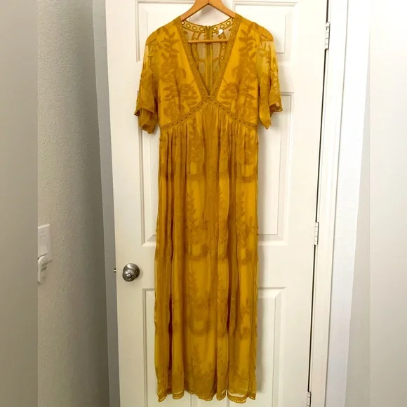 PinkBlush Mustard Lace Mesh Overlay Maternity Maxi Dress (size medium).